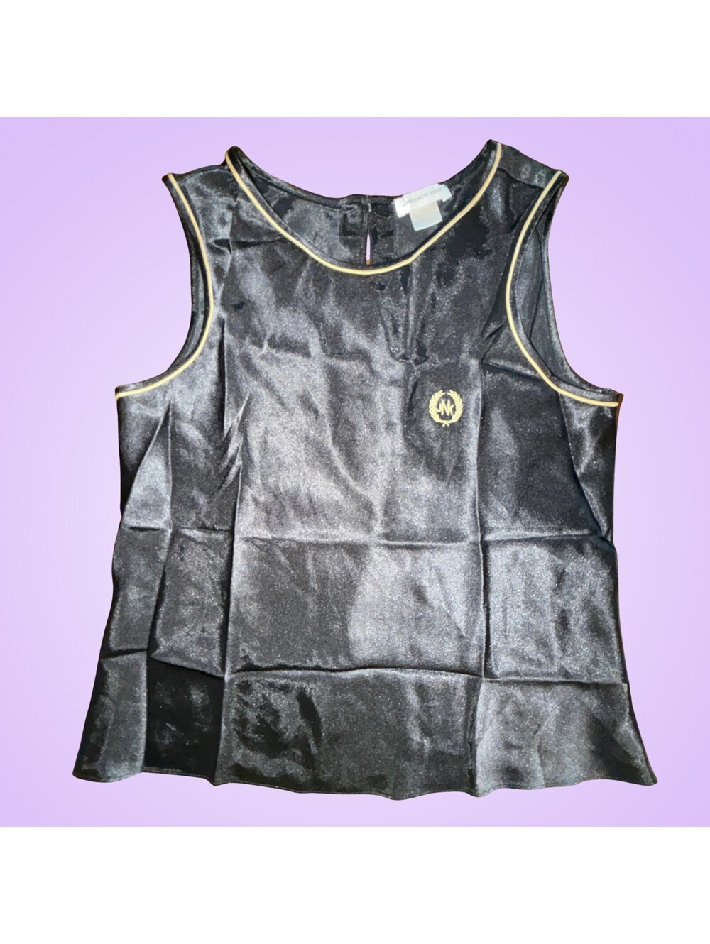 Jones New York Women’s Large Black Satin Gold Trim Sleeveless Pajama Top